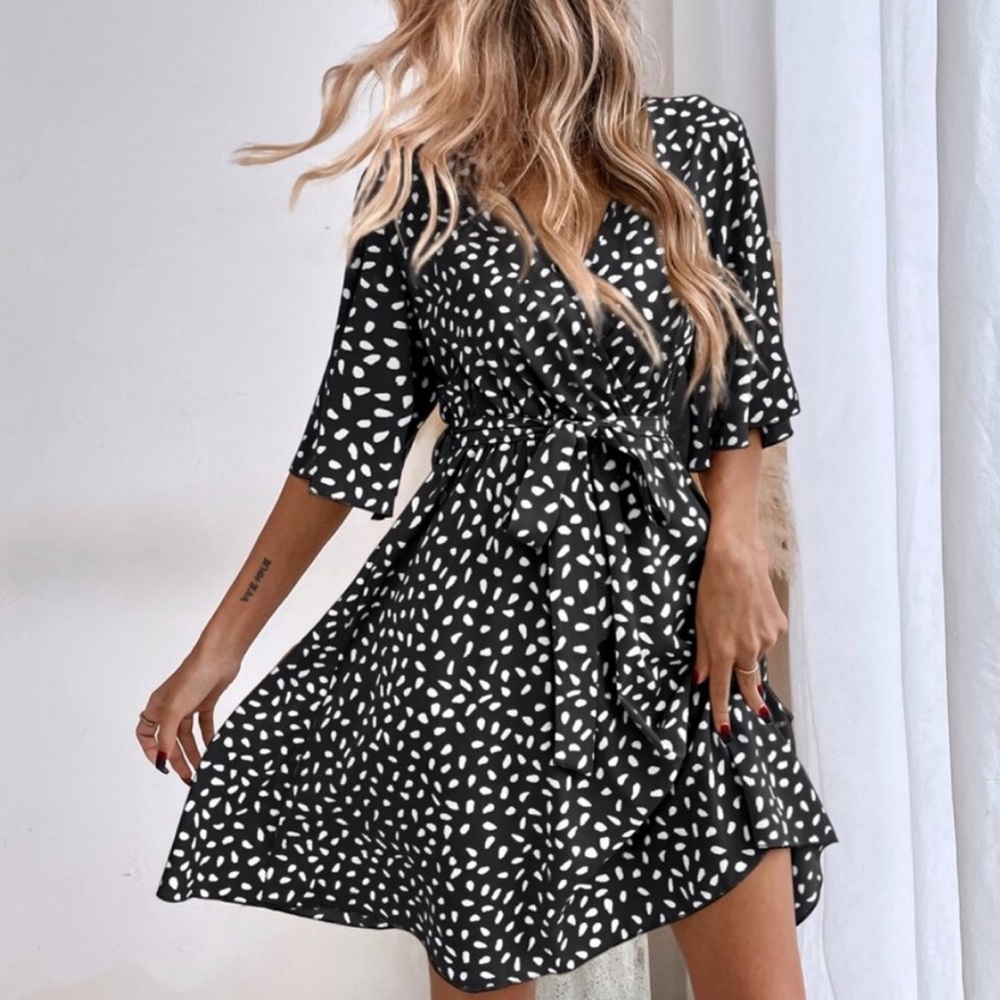 Boho dot print flounce  sleeve belted dress - Picture 8 of 11